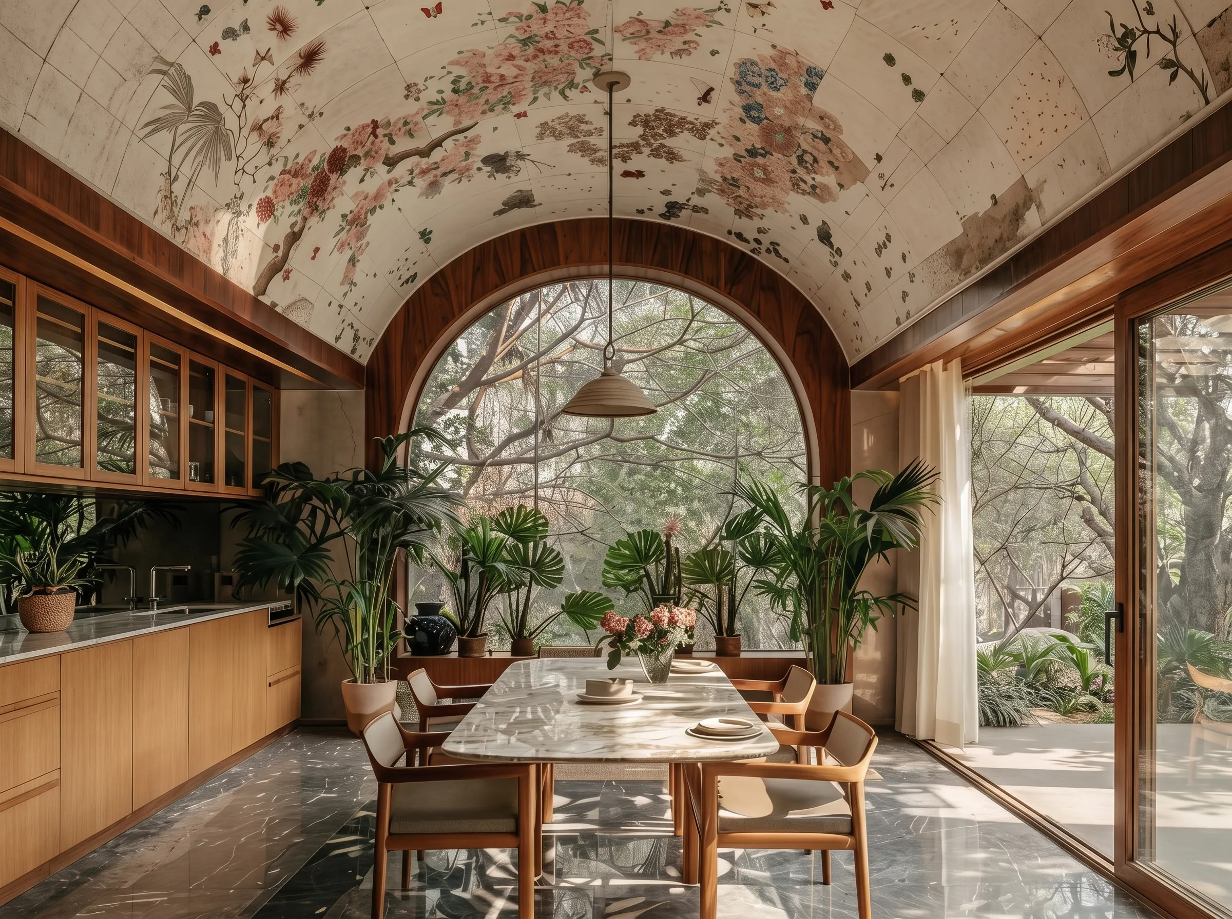 Midjourney concept of the dining space: a long marble table under a painted barrel vault with an arched window and plants