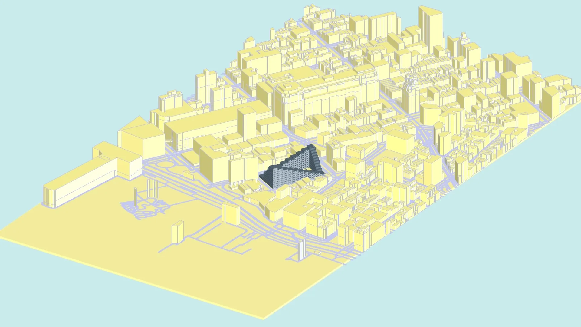Aerial view of the facade in context