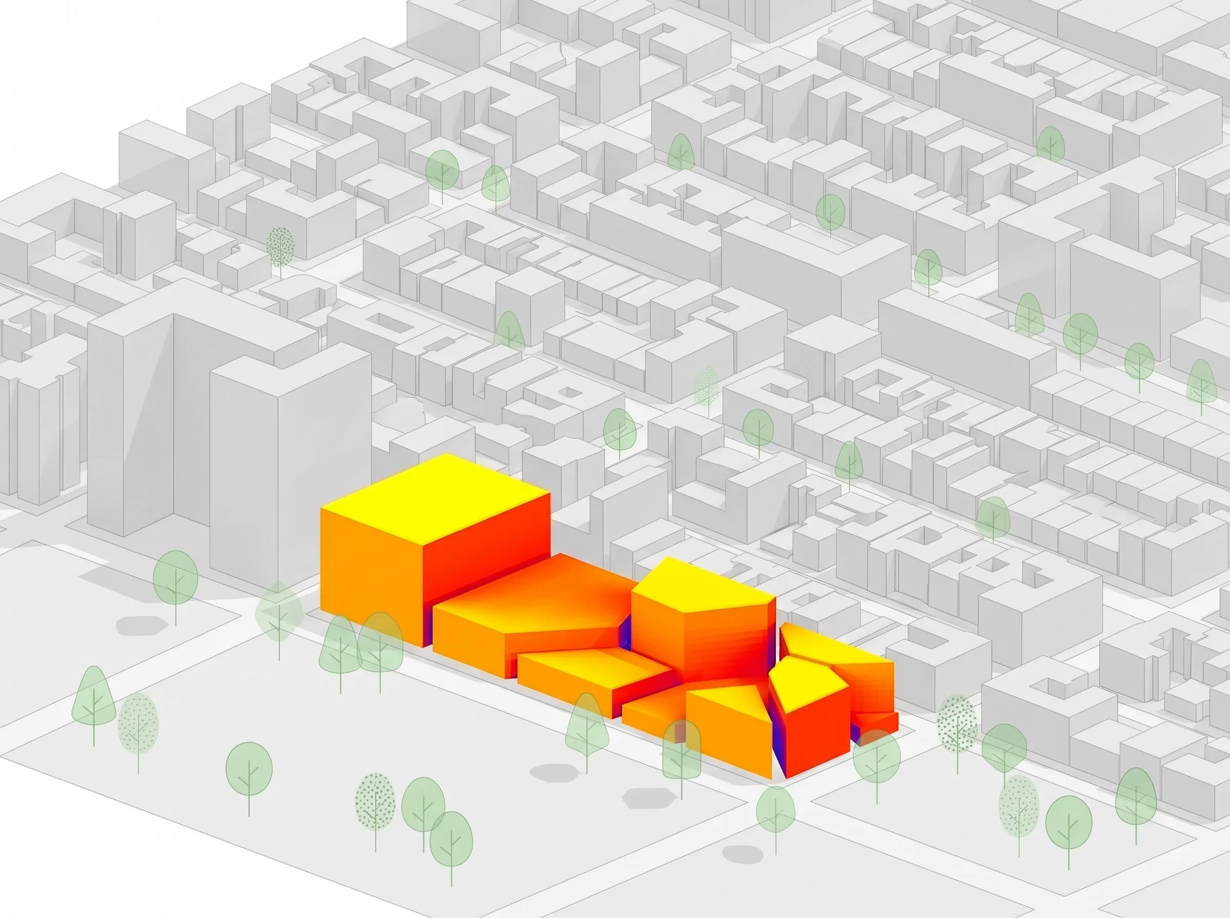 Isometric view of a Manhattan block. The optimised massing of nine Voronoi building volumes is coloured by sunlight exposure.