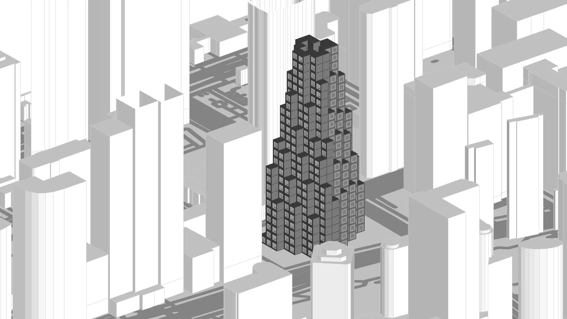 The optimised tower, voxelised into dark stacked housing units among the Chicago skyline.