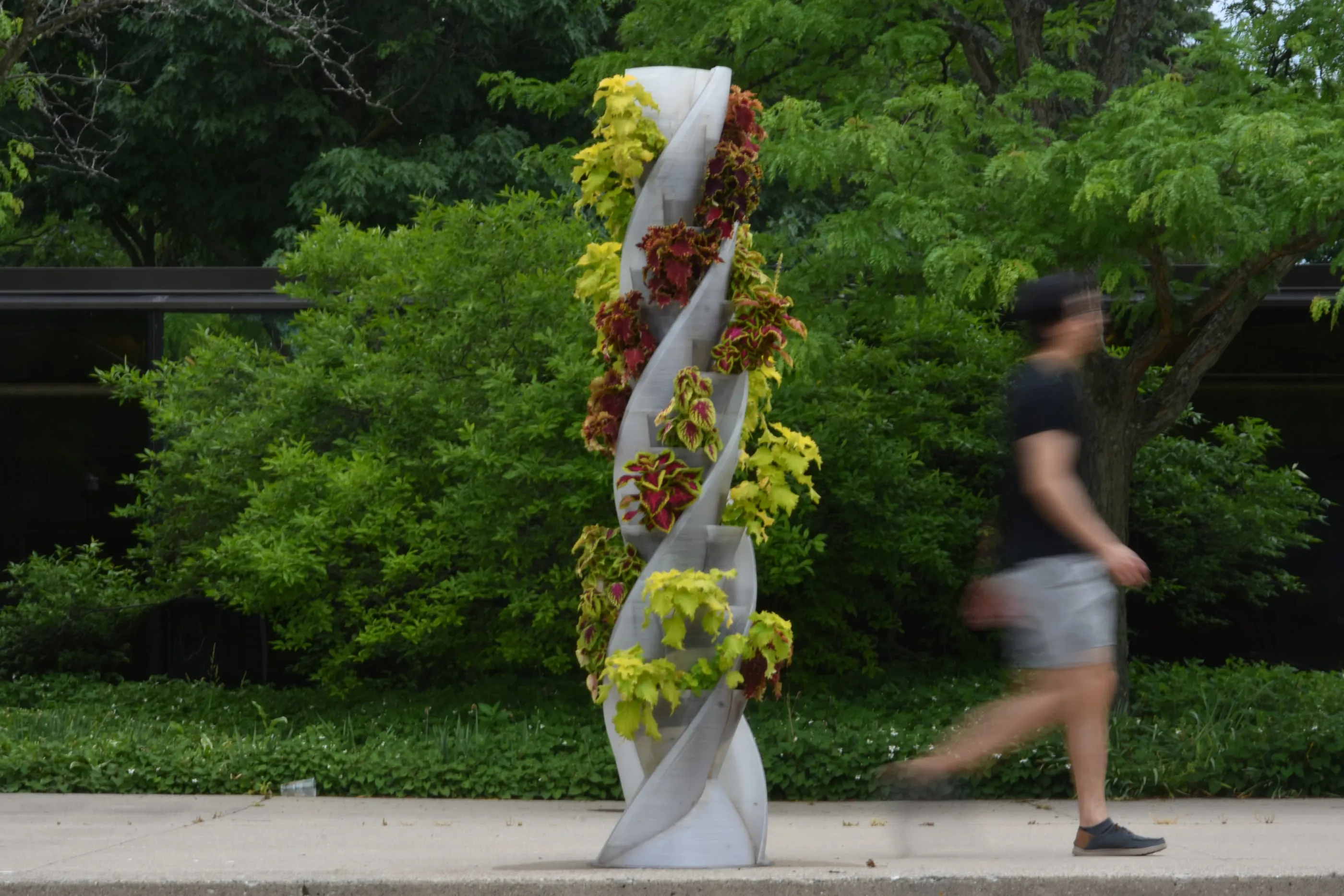 A passer-by walks past the planted tower