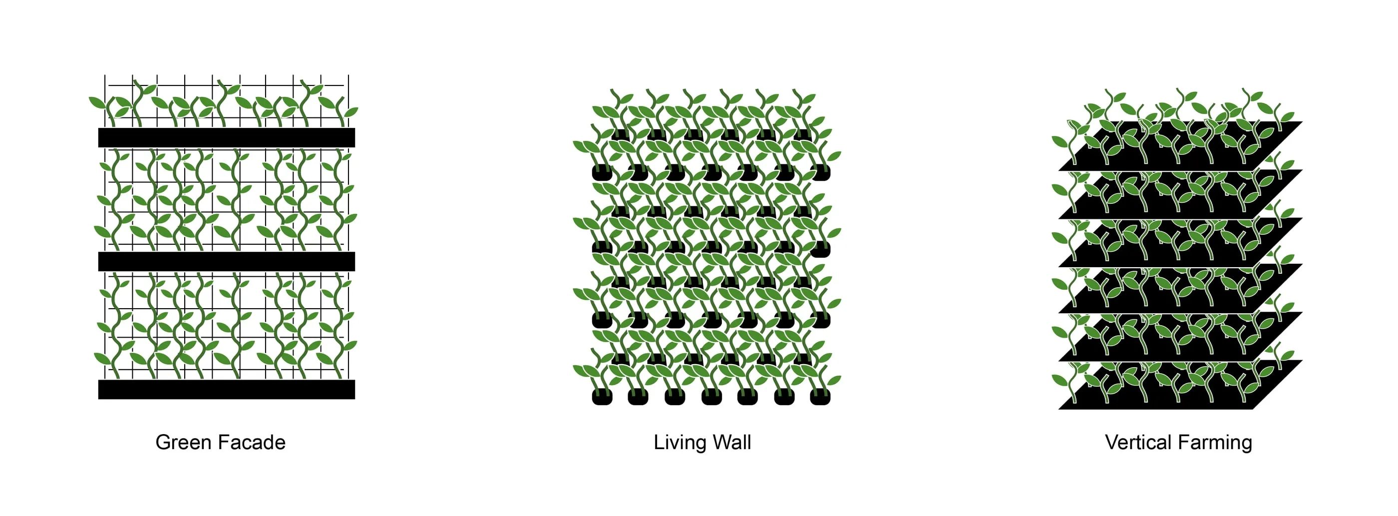 Diagram comparing green facade, living wall and vertical farming